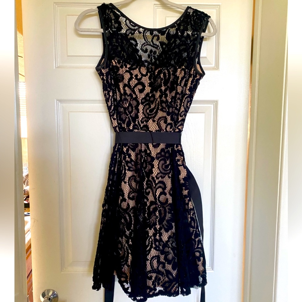 Betsy & Adam Black and Nude Lace Mini Dress